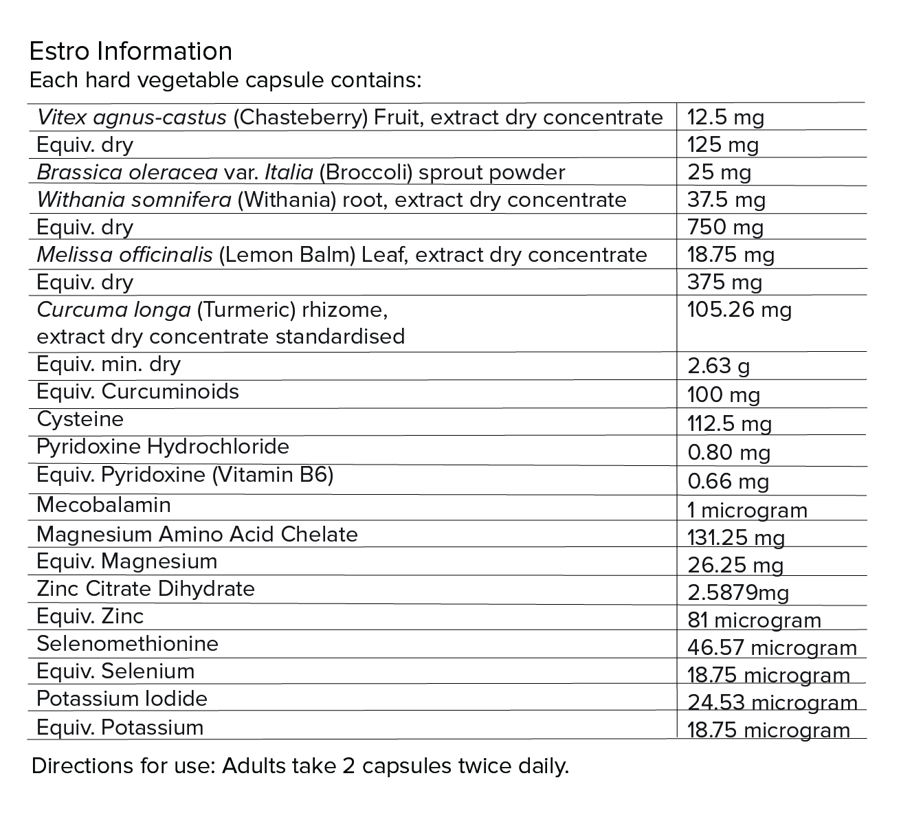 Estro Nutritional Information